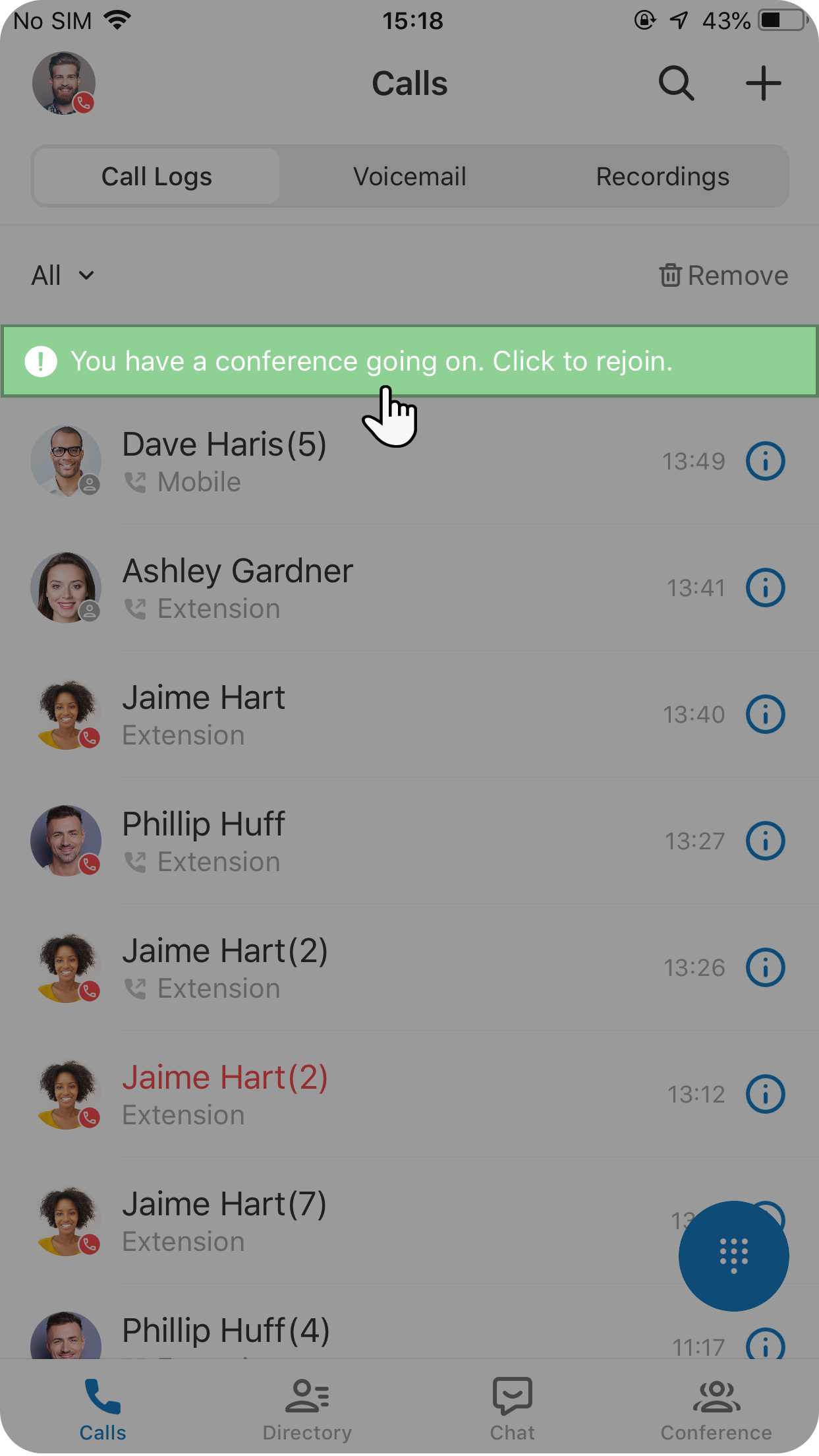 Banner across the top of the Cloud Voice App inviting you to return to an in-progress conference call