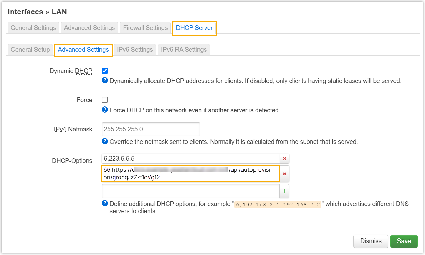 DHCP server configuration with option 66 set to the provisioning link