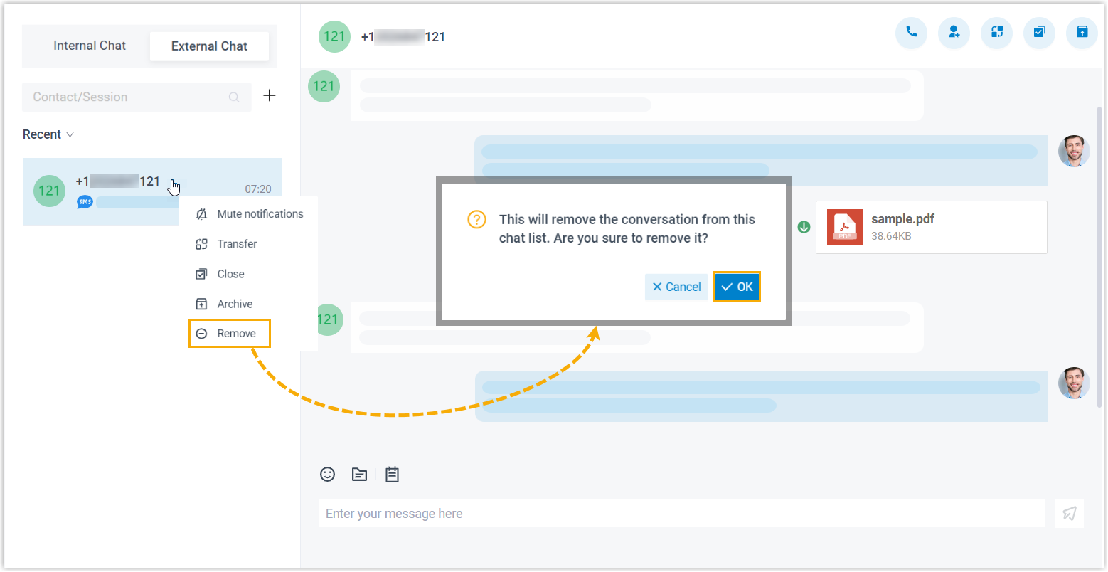 Removing a messaging session from the external chat list