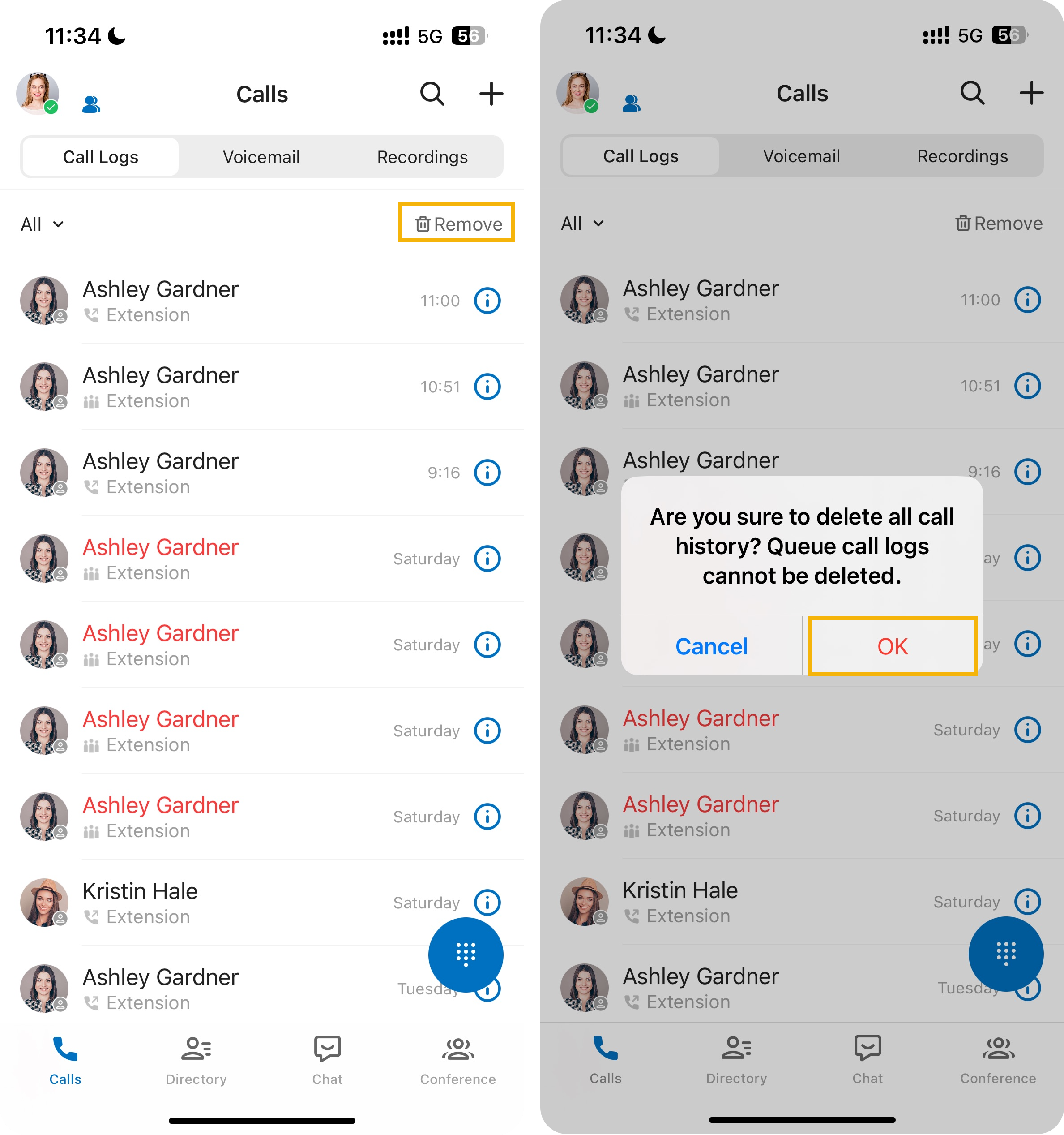 Remove option and confirmation prompt for clearing the entire call log