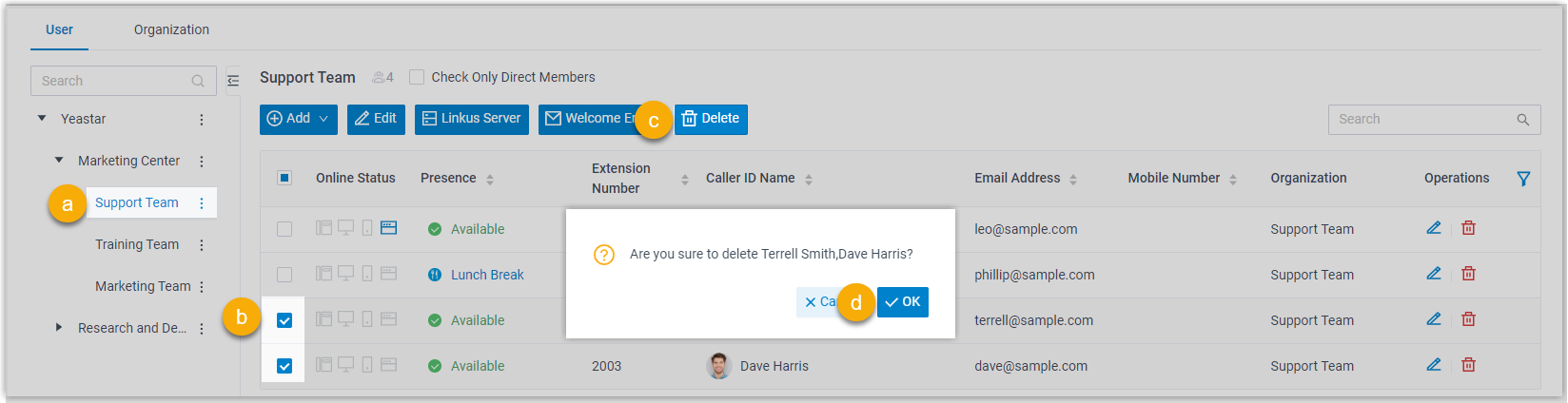 Cloud Voice, selecting and deleting extensions that belong to a single department