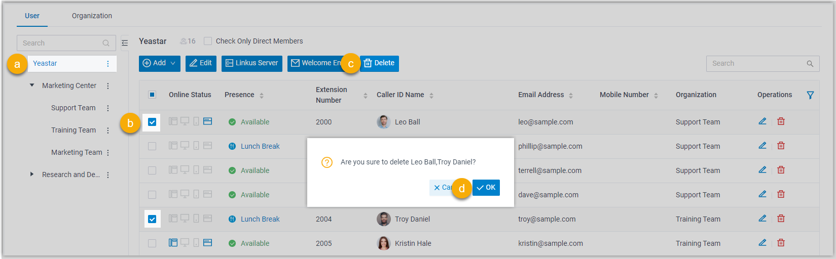 Cloud Voice, selecting extensions from across the whole organization for deletion
