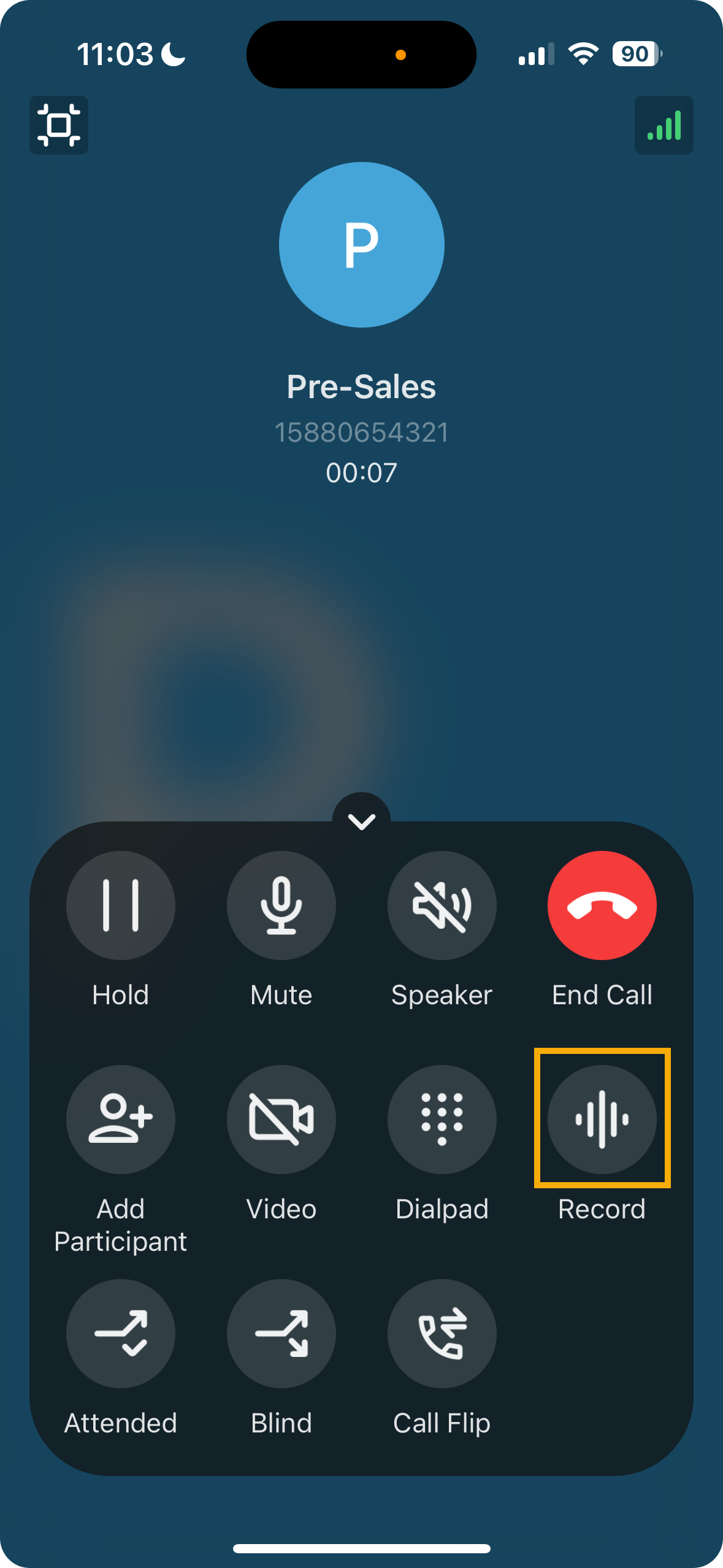 Mobile call screen showing the record control during an active queue call