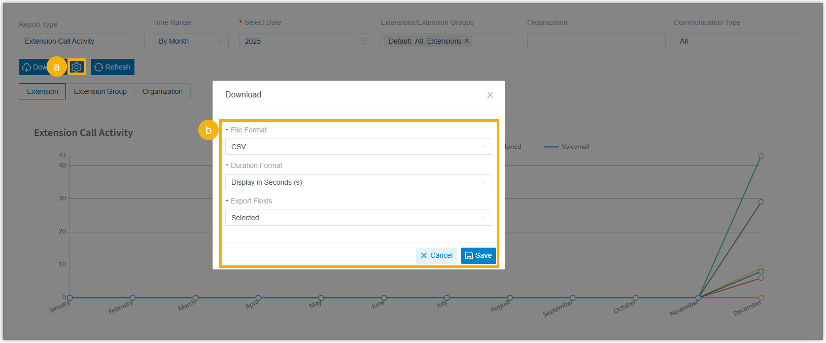 The report download settings for format, duration display, and fields