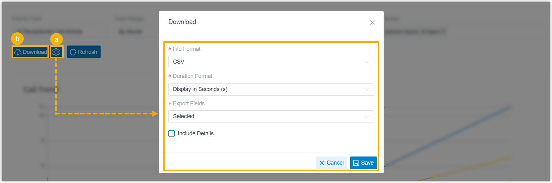Download settings for file format, duration format, fields, and detail records