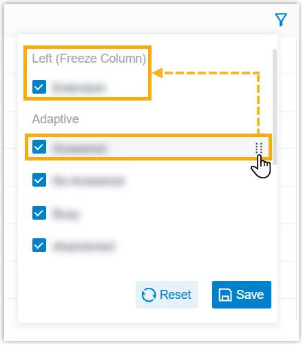 Menu for pinning a report column to the left or right