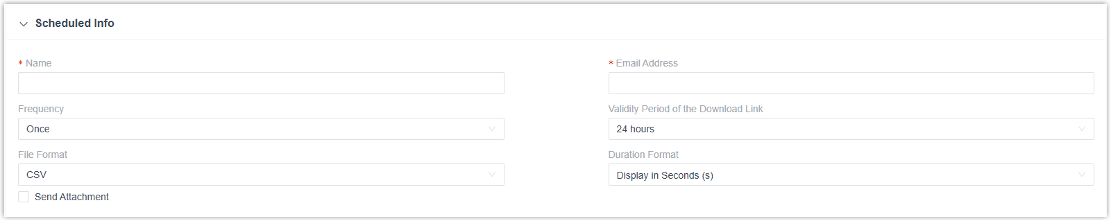 Delivery options for a scheduled report, including recipients, frequency, and file format
