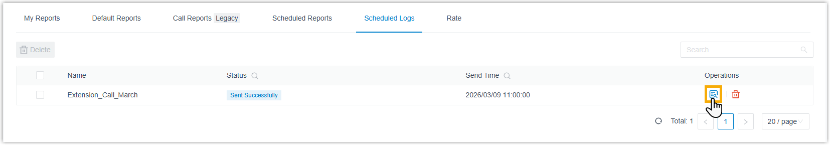 Delivery history for scheduled reports on the Scheduled Logs tab