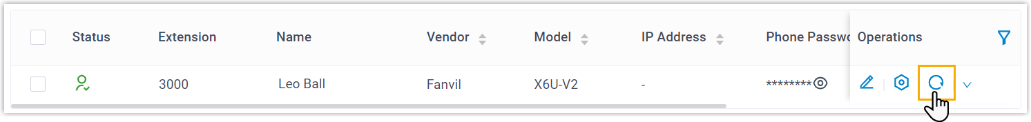 Reprovision prompt shown after clicking the refresh icon beside a Fanvil phone