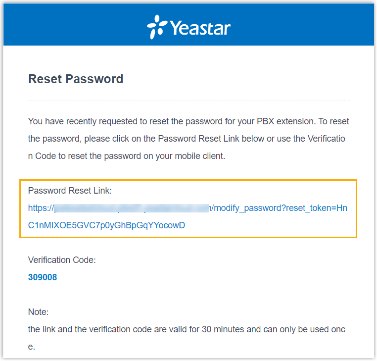 Password reset email containing the link that opens the reset page