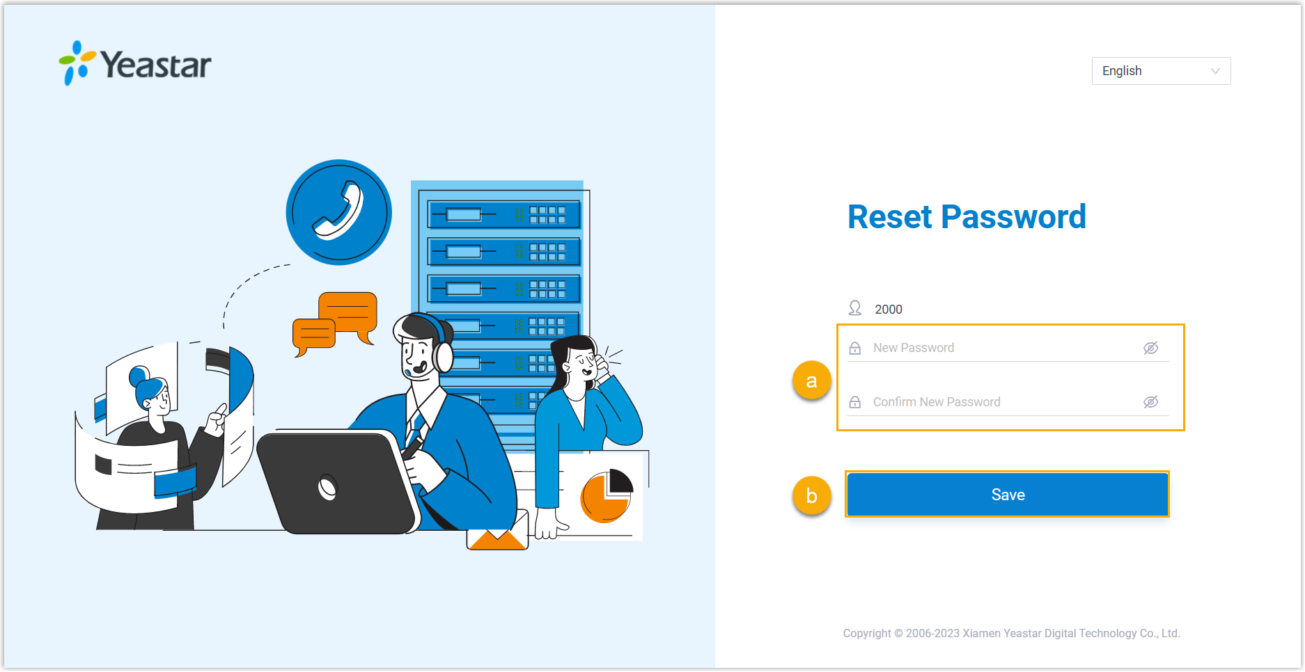 Cloud Voice, Reset Password page prompting for the new password entered twice