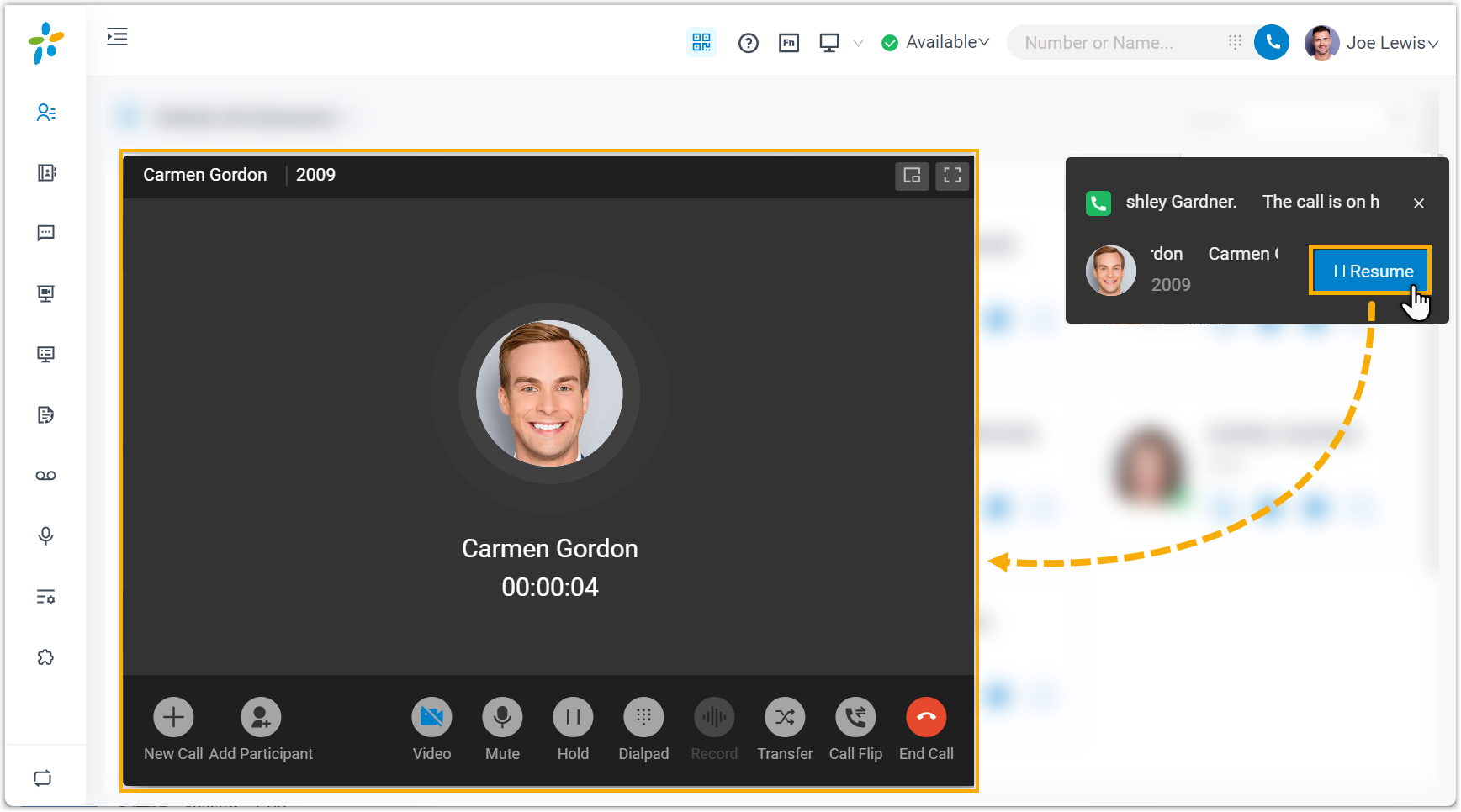 The Resume prompt in the Cloud Voice App web client