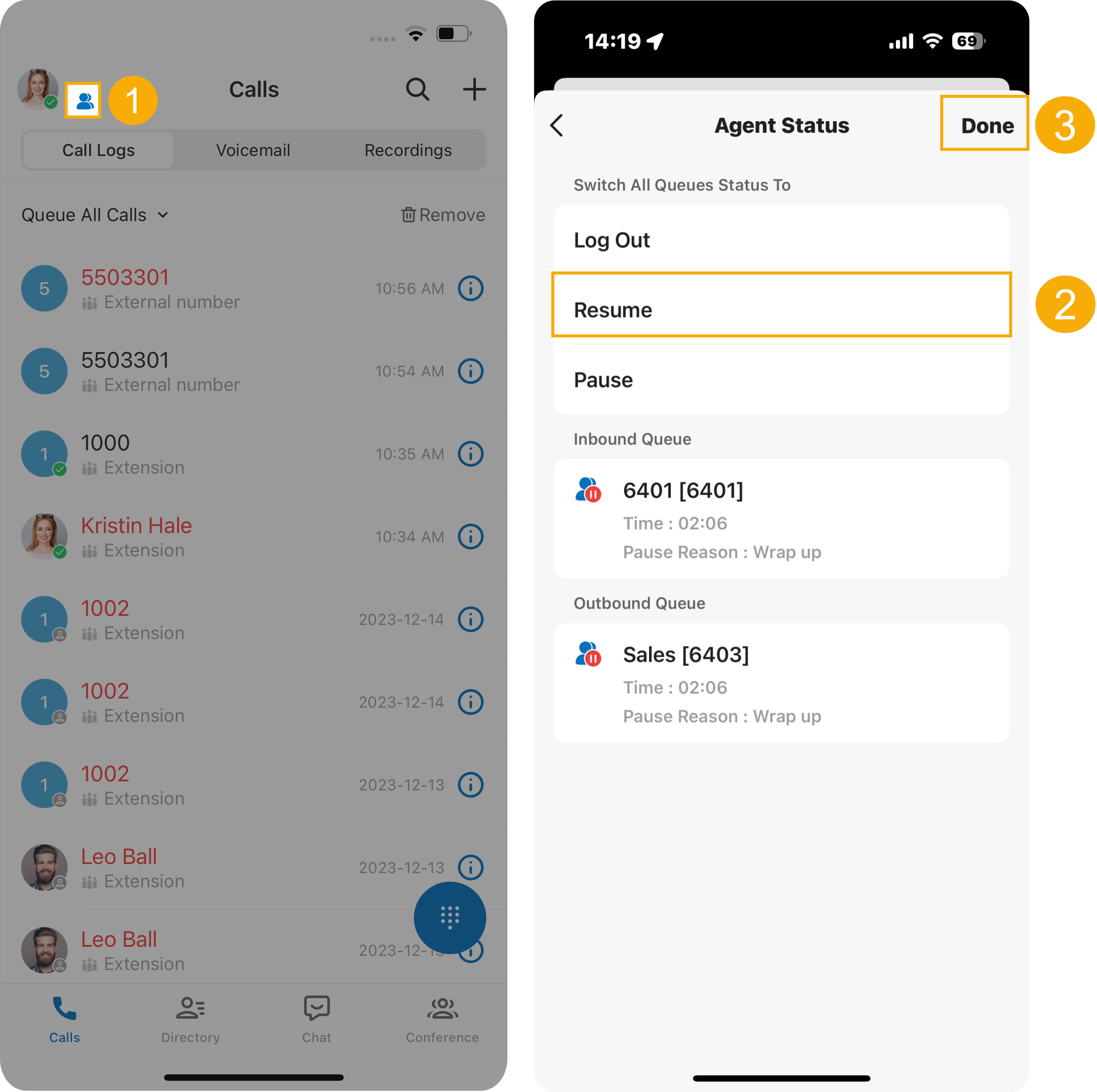 Resuming calls across all queues from the Agent Status page