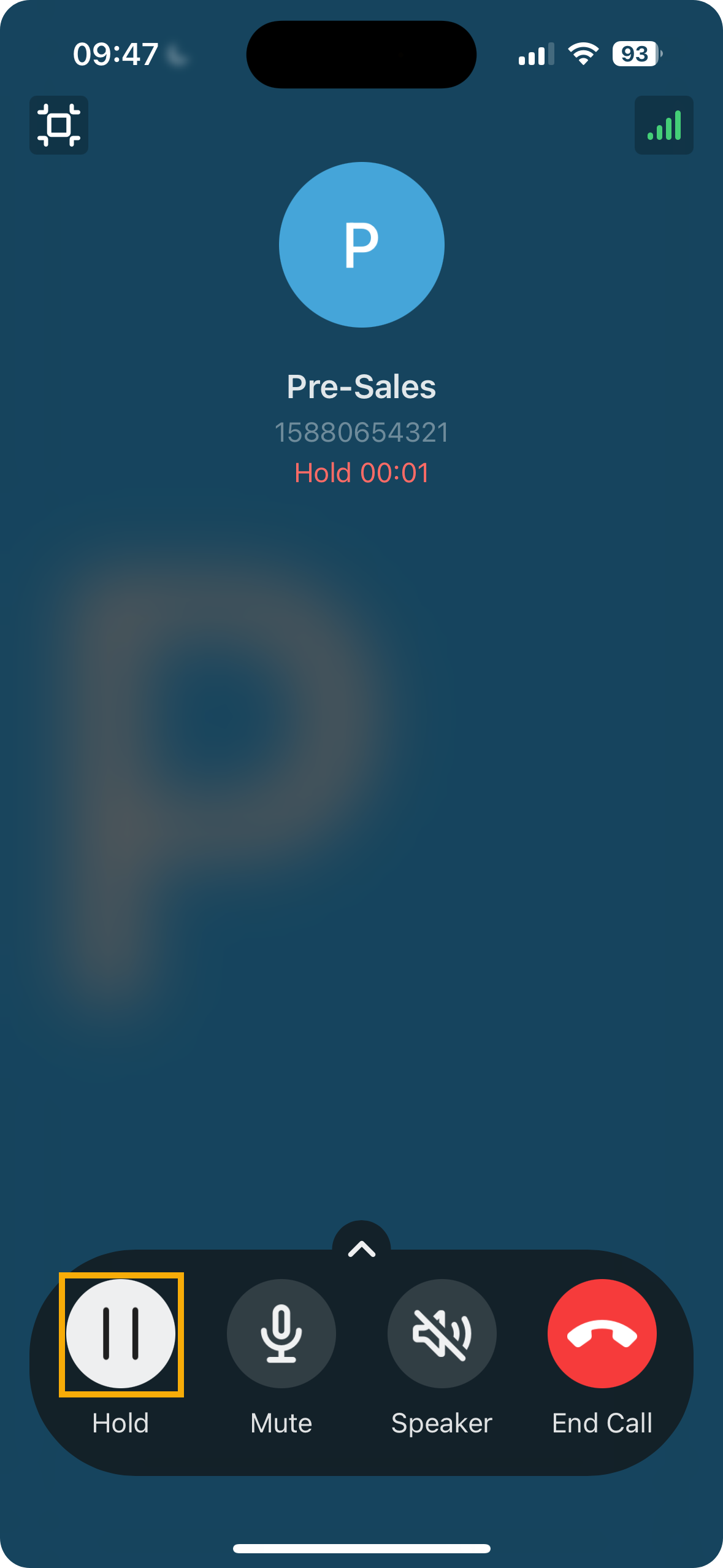 Mobile call screen after resuming a held queue call
