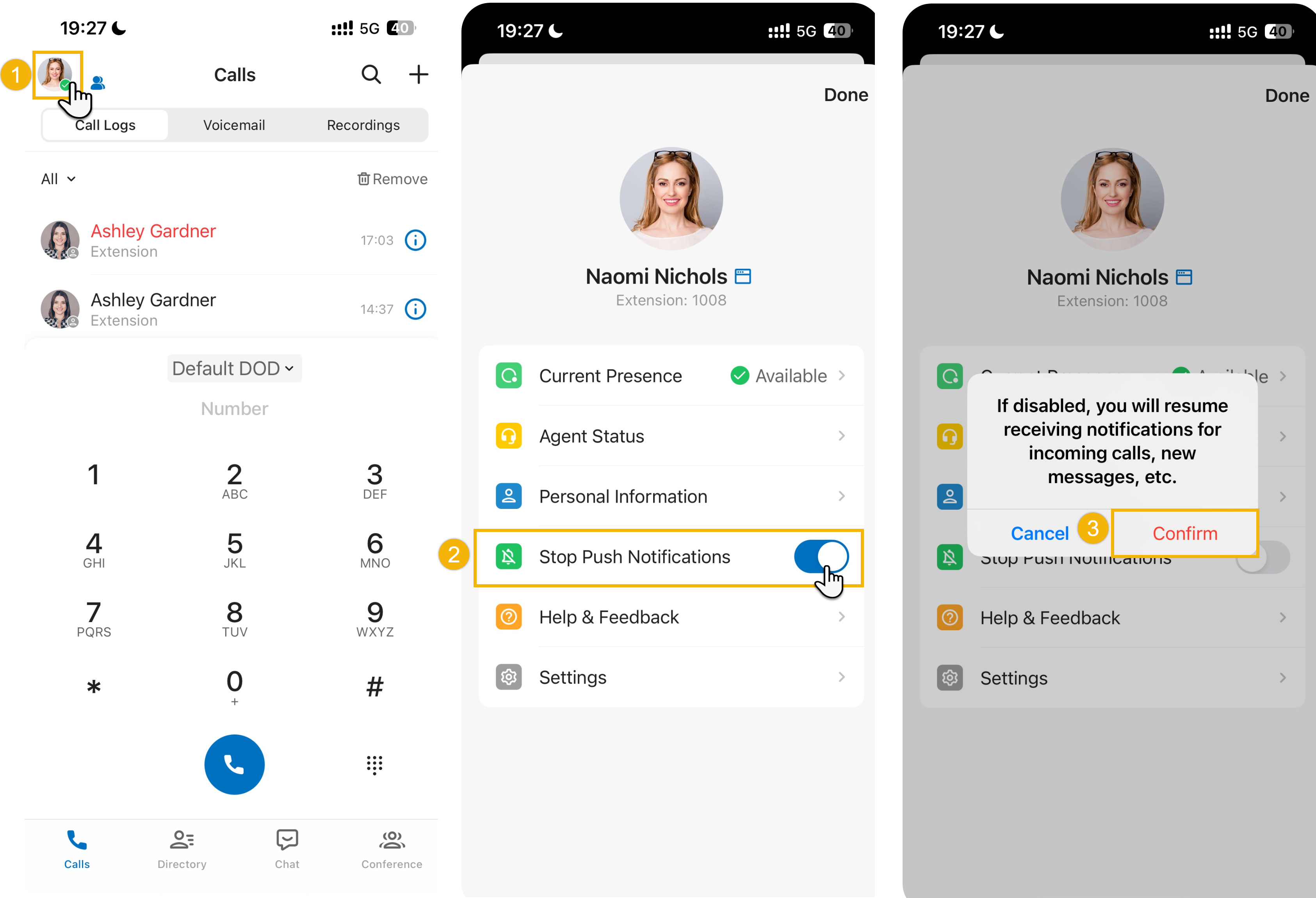 Cloud Voice App account panel with the option to resume receiving notifications