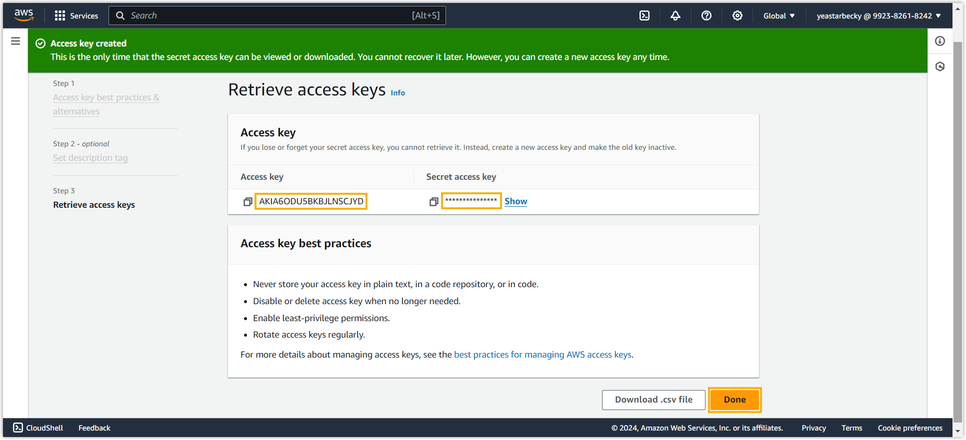 Cloud Voice, the Retrieve access keys page showing the key pair