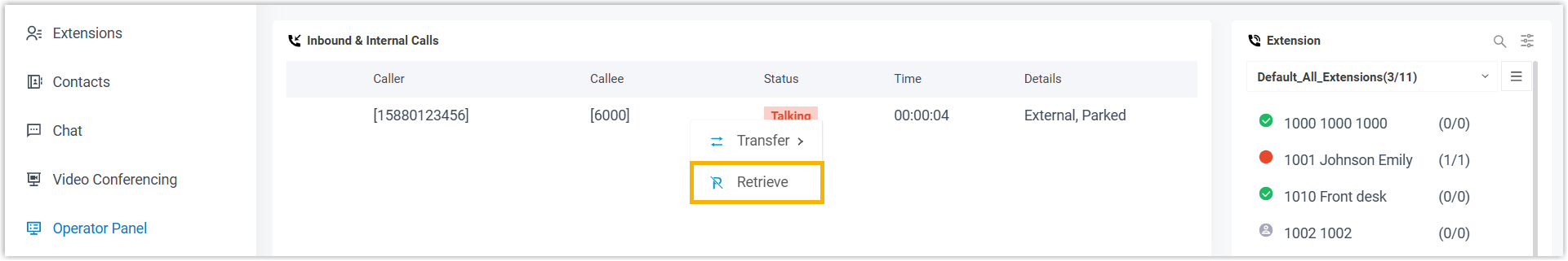 Retrieving a previously parked call to resume it