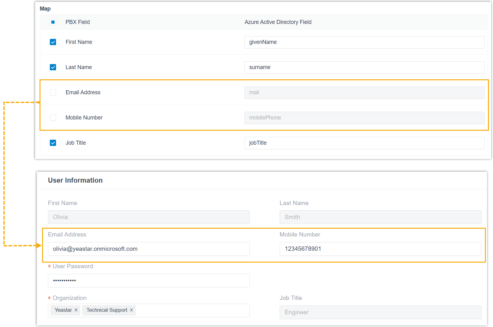 Cloud Voice, field mapping options for users synced from Microsoft Entra ID