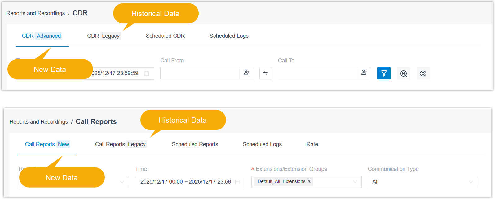 Separate access points for legacy and new CDR data