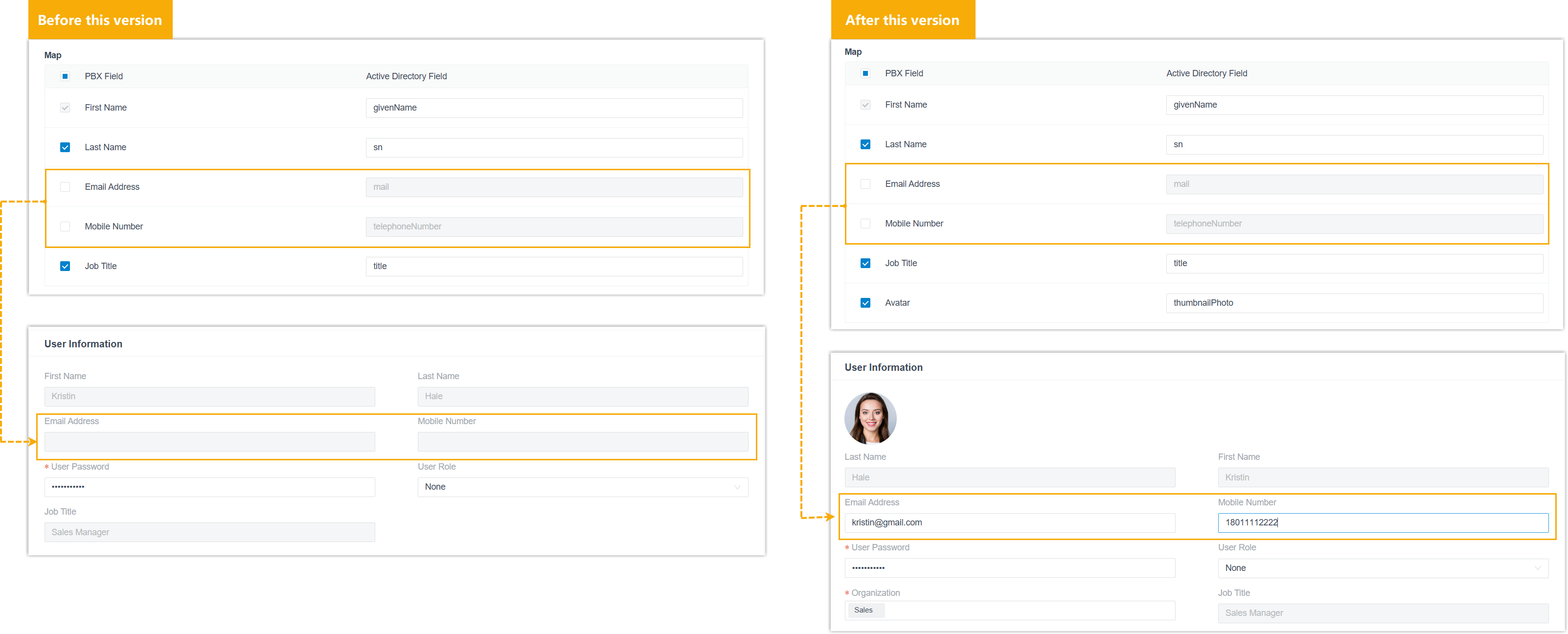 Comparison of Active Directory and PBX extension fields for a synced user