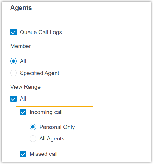Queue agent permissions with view-range options for answered call logs