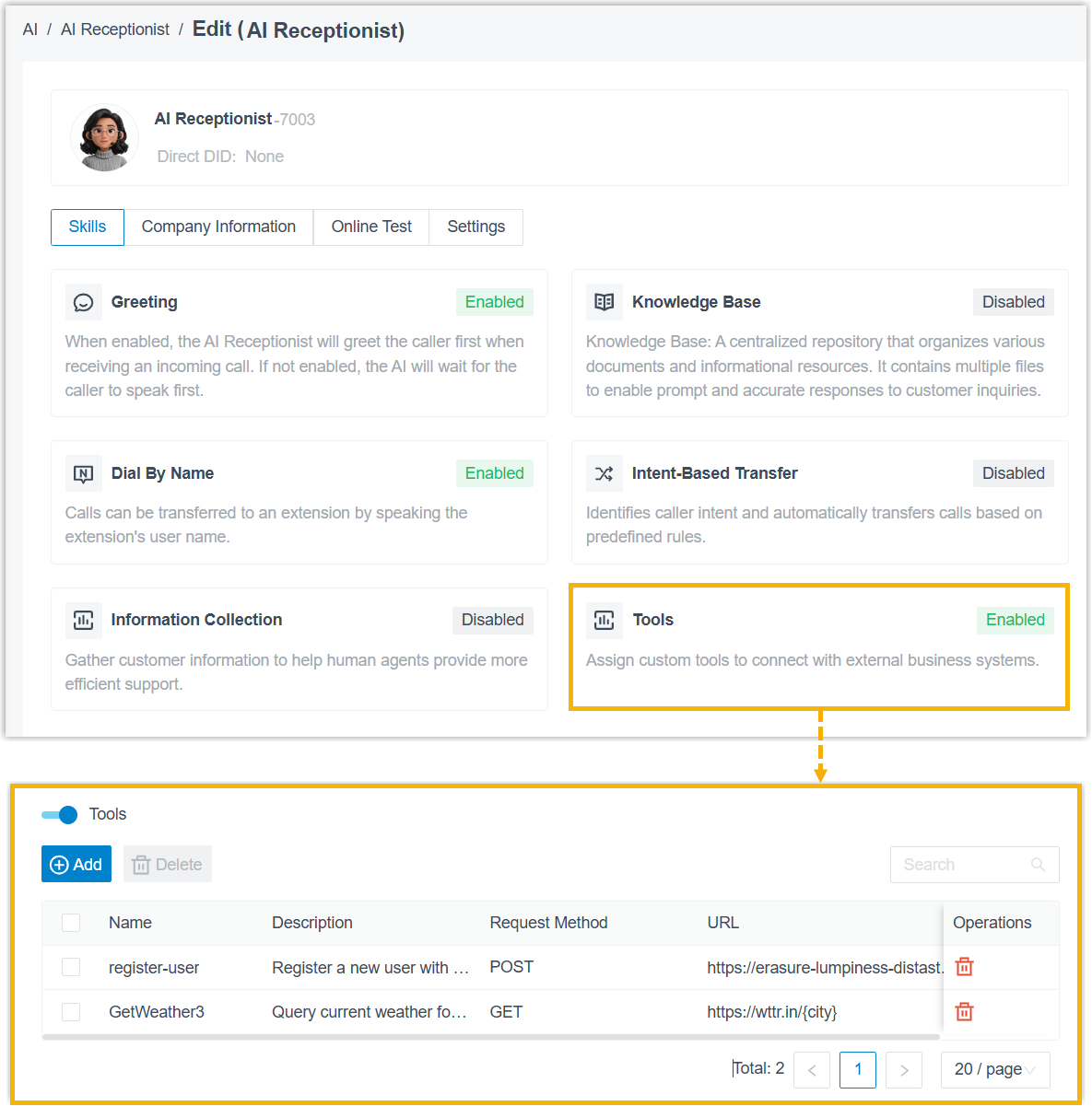 Custom tools assigned to an AI receptionist