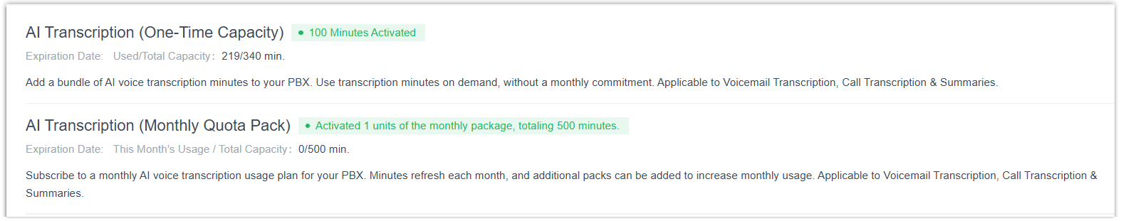 Add-on subscription options for expanding AI Transcription minutes