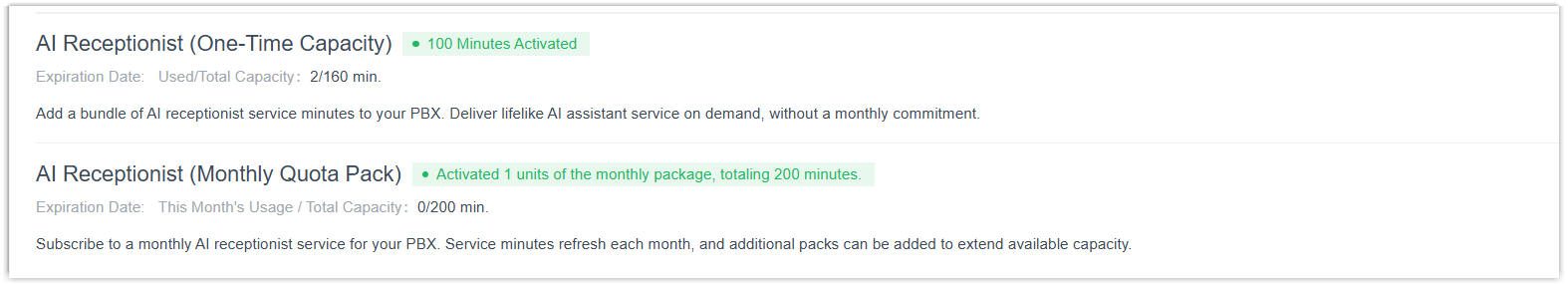 Add-on subscription options for expanding AI Receptionist minutes