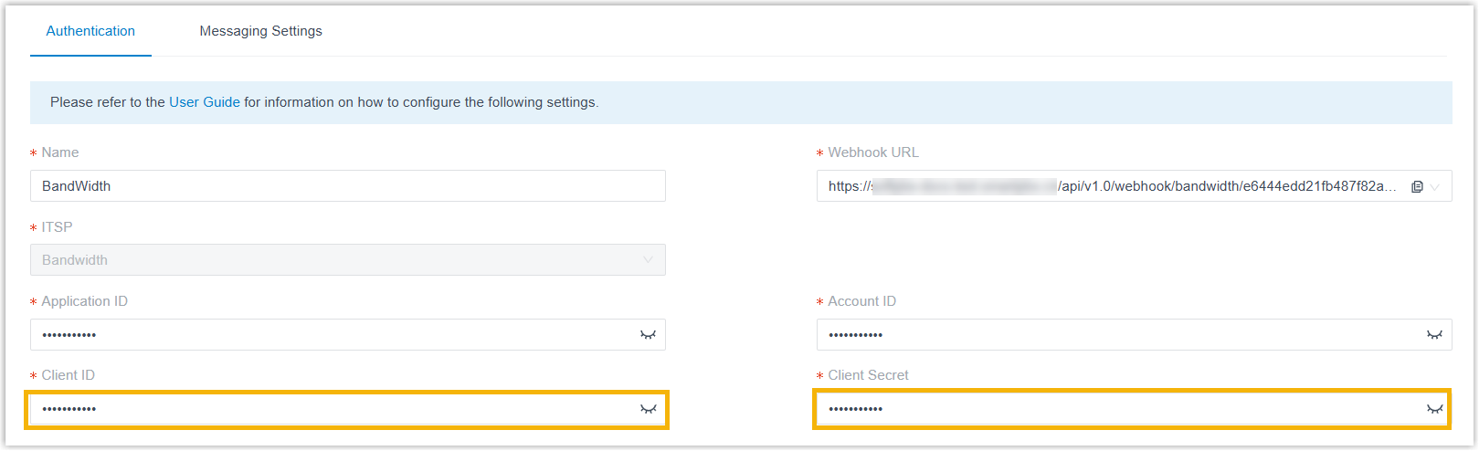 Client ID and Client Secret fields on the Bandwidth SMS channel authentication settings