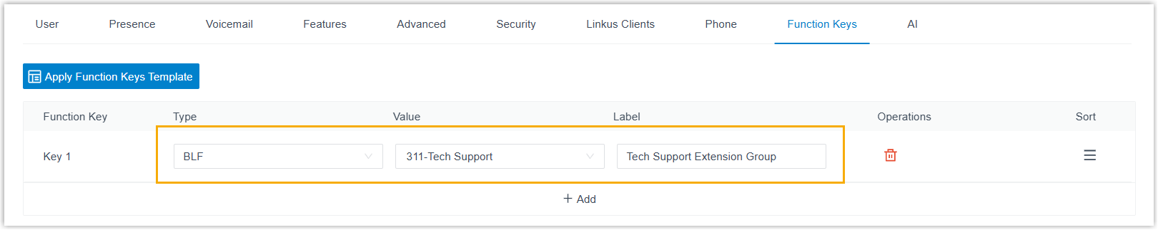 Cloud Voice, function key configured to monitor and answer calls for an extension group