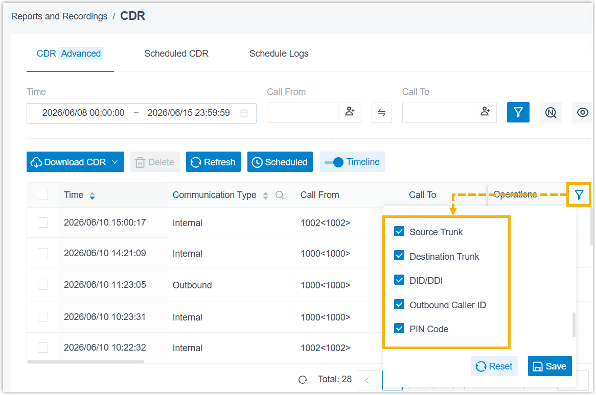 Column header filters in the CDR list