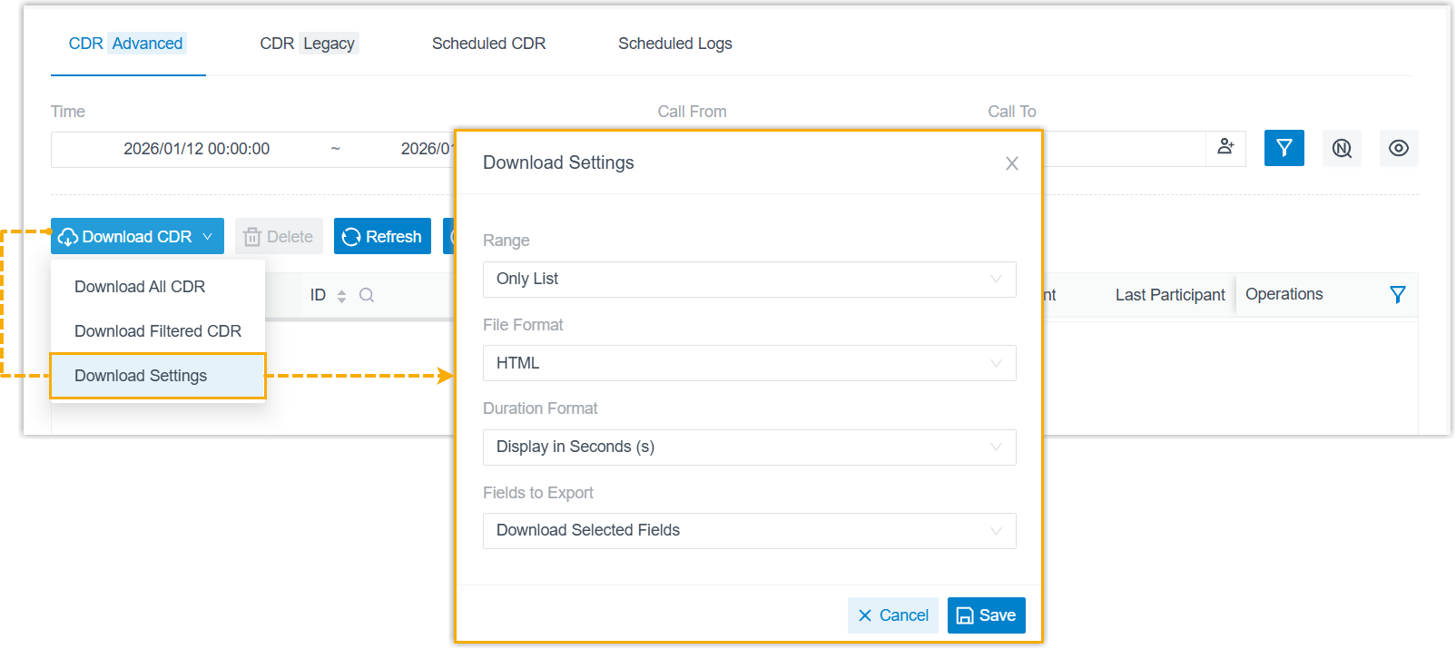 Custom CDR download settings dialog