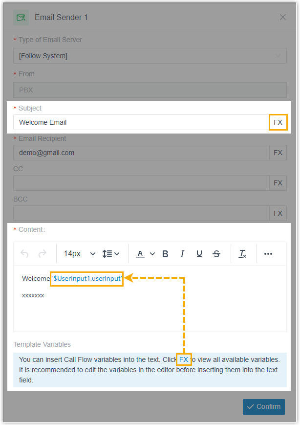 Variable insertion in the Email Sender Subject and Content fields