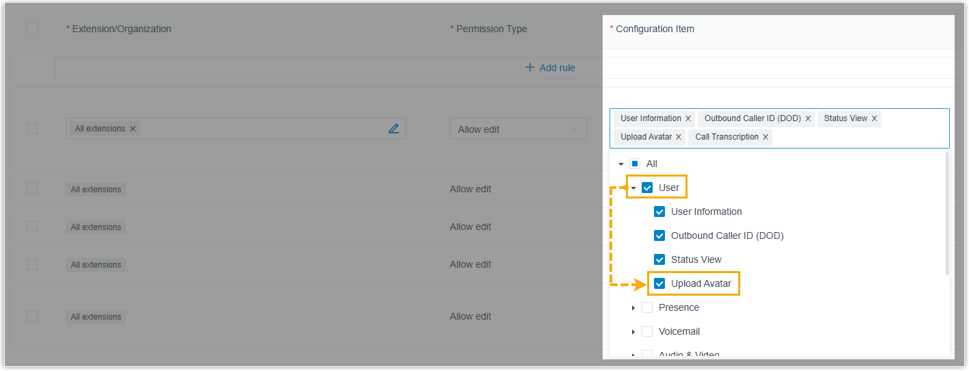 Client permission list showing the new Upload Avatar control