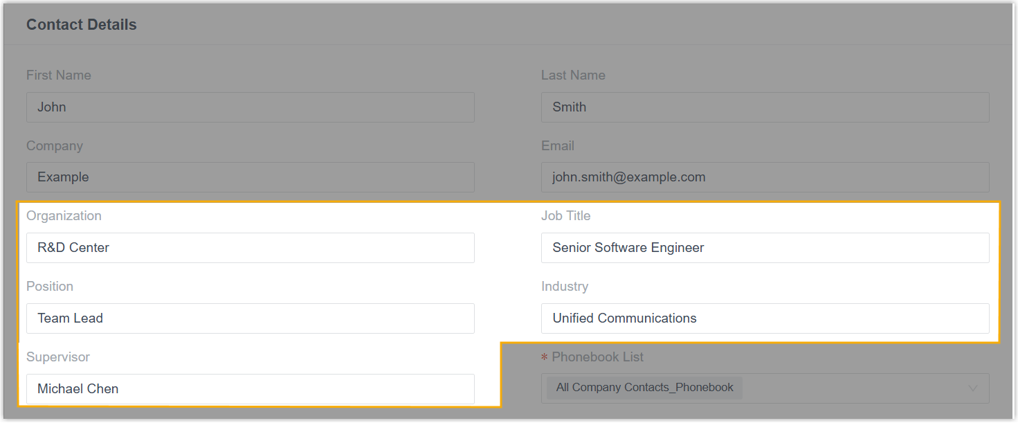 Expanded company contact fields including organization and job title