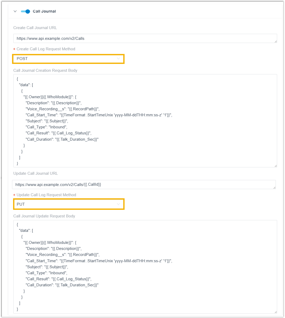 Create and update call log request method options in a template's call journal