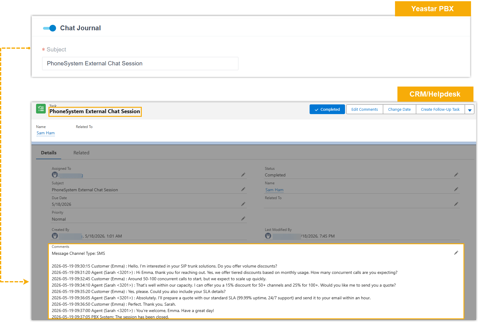 Chat Journal option enabled for a CRM/Helpdesk integration