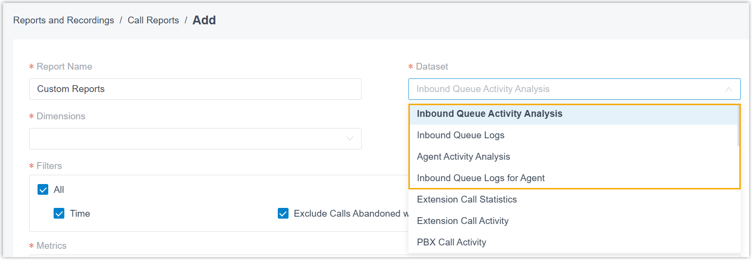 The new set of custom call reports in My Reports