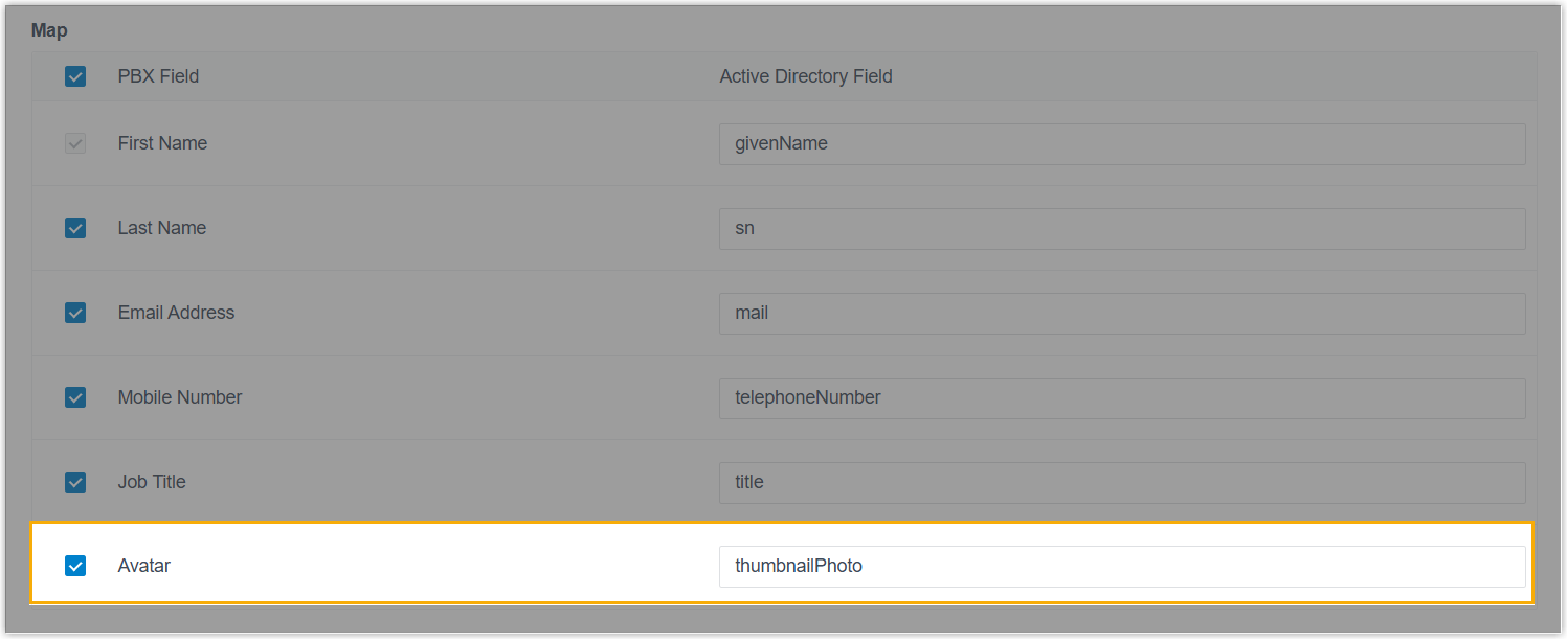 Active Directory mapping section with the new Avatar field
