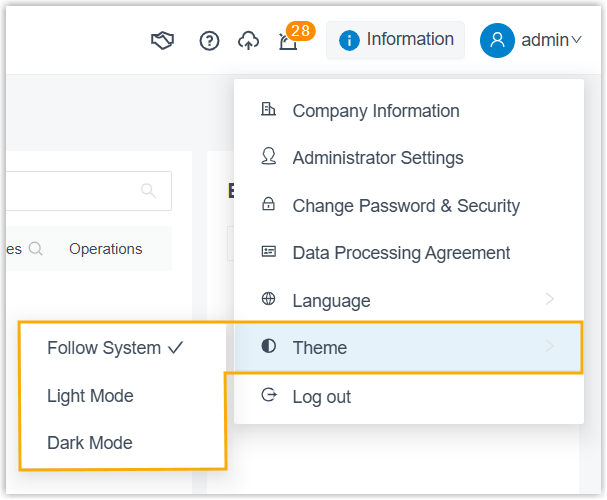 Theme mode selector showing Light and Dark options