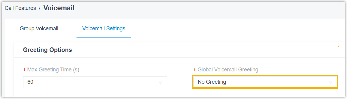 No Greeting option on the global voicemail greeting settings