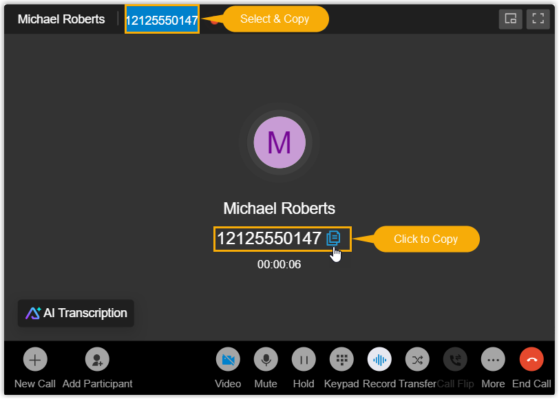 Caller ID copy options in the call window