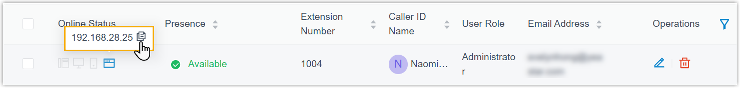 Extension list with a one-click control for copying an online device's IP address