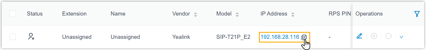 Provisioned phone list with a one-click IP address copy control