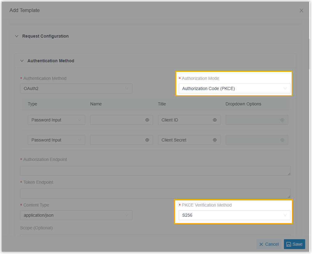OAuth 2.0 authentication settings with PKCE options