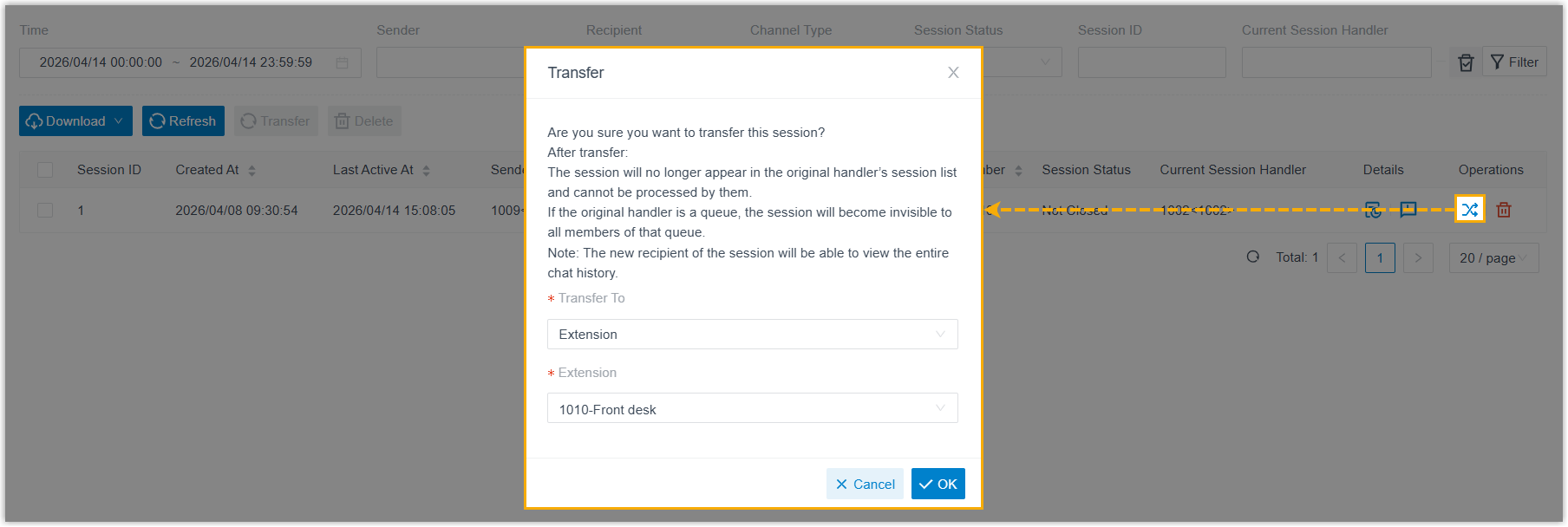 Transferring external chat sessions to a destination