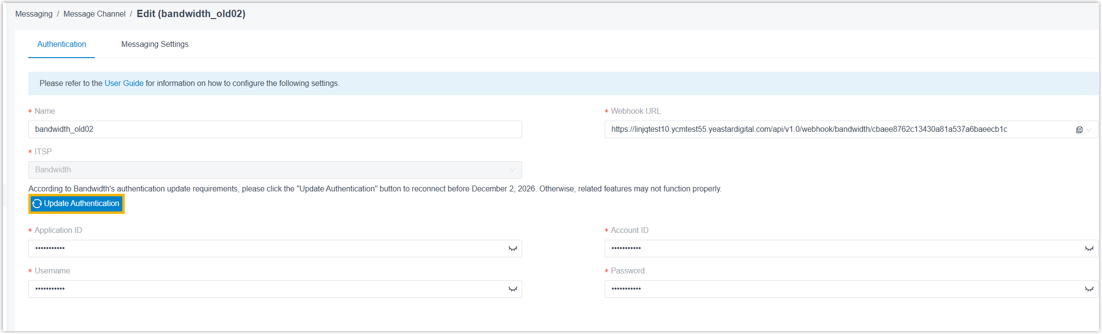 Cloud Voice, Update Authentication button on a Bandwidth channel's authentication page