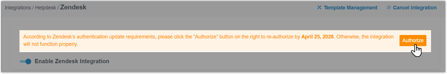 Authorize prompt for updating the Zendesk integration