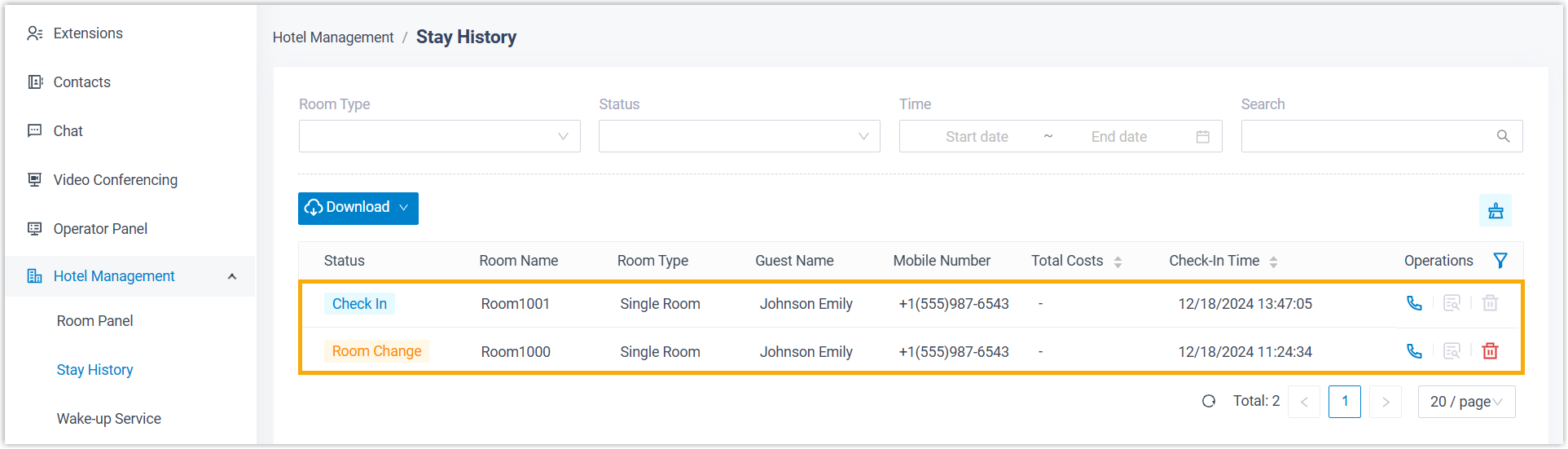 Stay history listing the closed stay as Room Change and the new stay as Check In