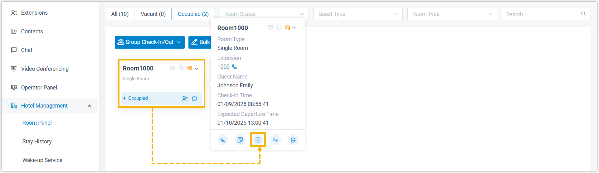 Selecting a room and opening its billing details in the Room Panel
